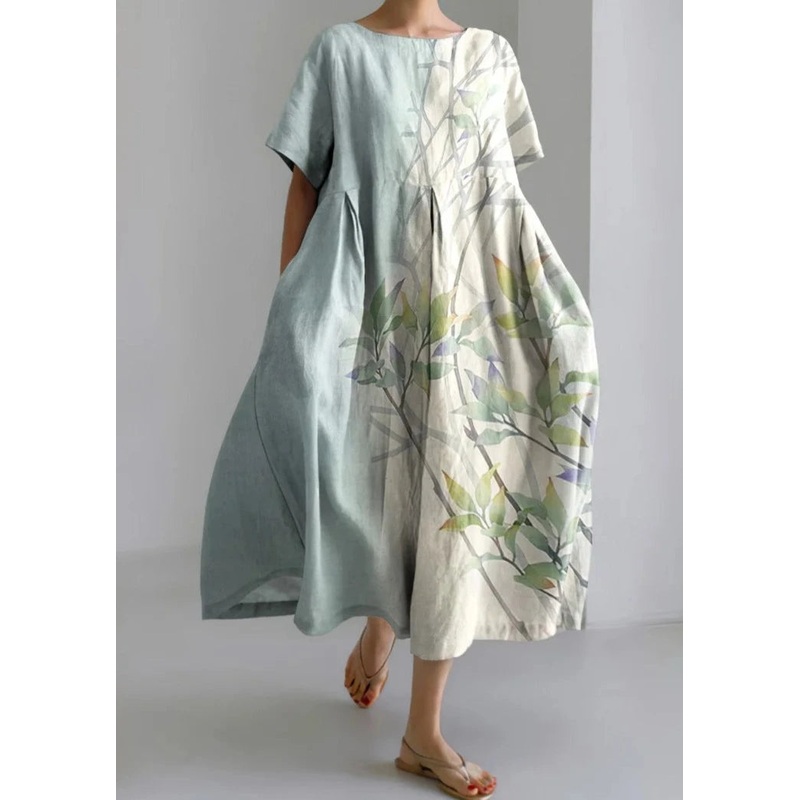 Japanese Style Floral Print Loose Midi Dress Short Sleeve