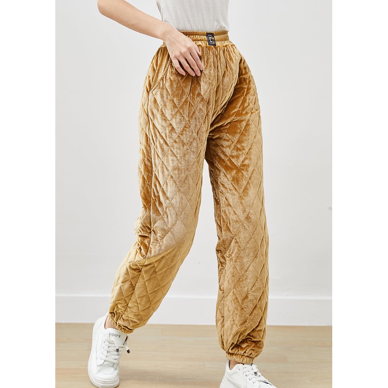 Khaki Fine Cotton Filled Silk Velour Pants Elastic Waist Winter