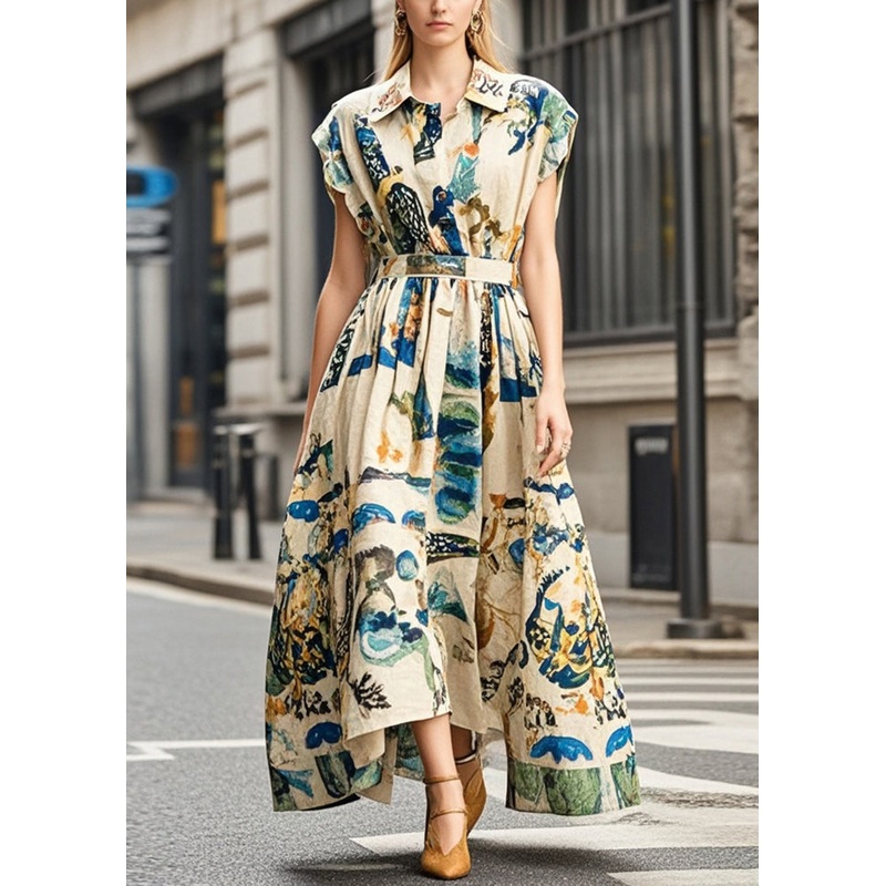 Khaki Print Cotton Cinched Dress Exra Large Hem Sleeveless