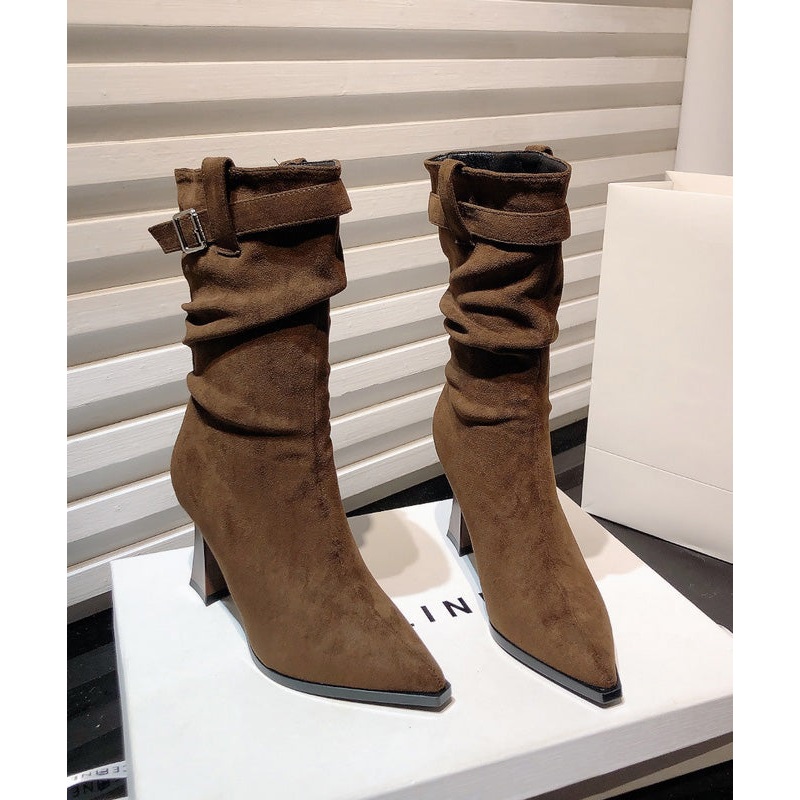 Khaki Wrinkled Splicing Suede Chunky Boots Pointed Toe