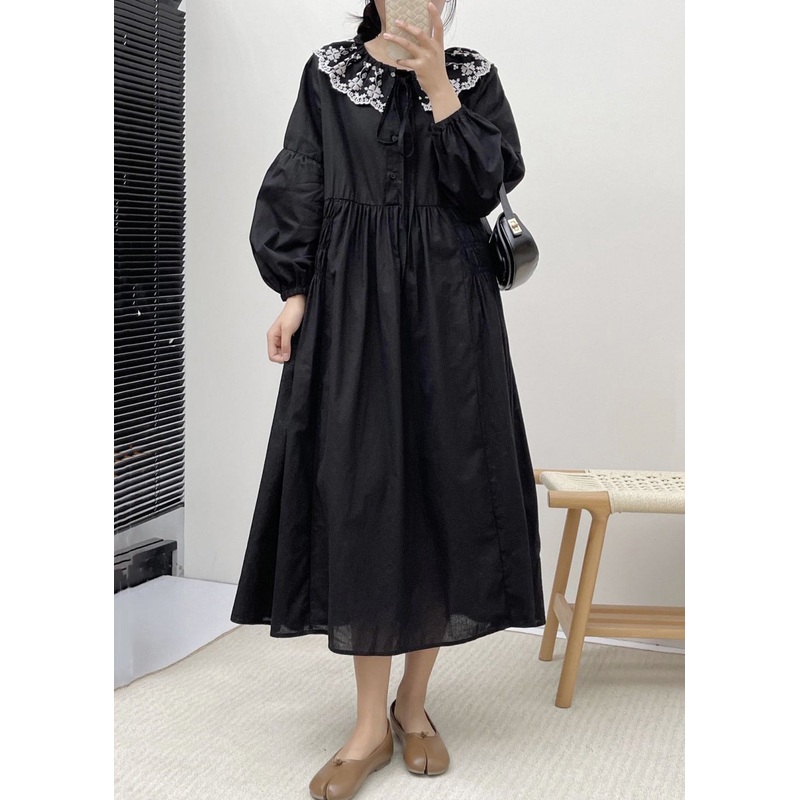 Loose Black Embroidered Lace Up Cotton Dress Spring