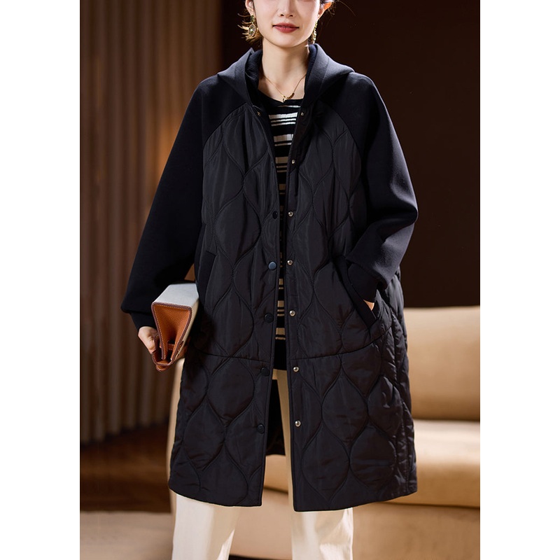 Loose Black Hooded Button Pockets Cotton Filled Coat Winter