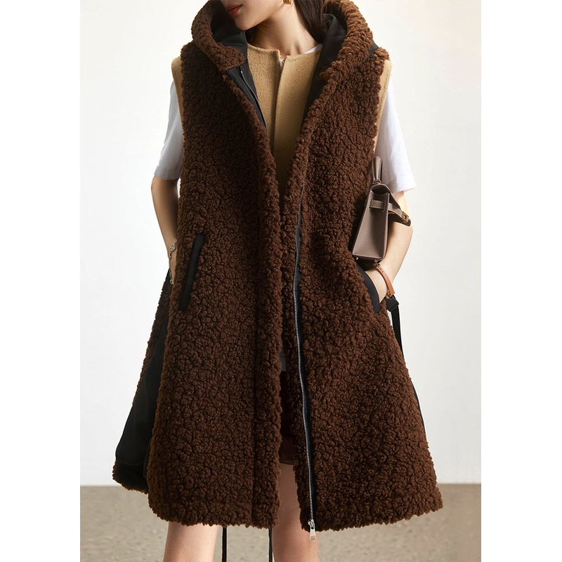 Loose Coffee Hooded Zippered Patchwork Teddy Faux Fur Waistcoat Sleeveless