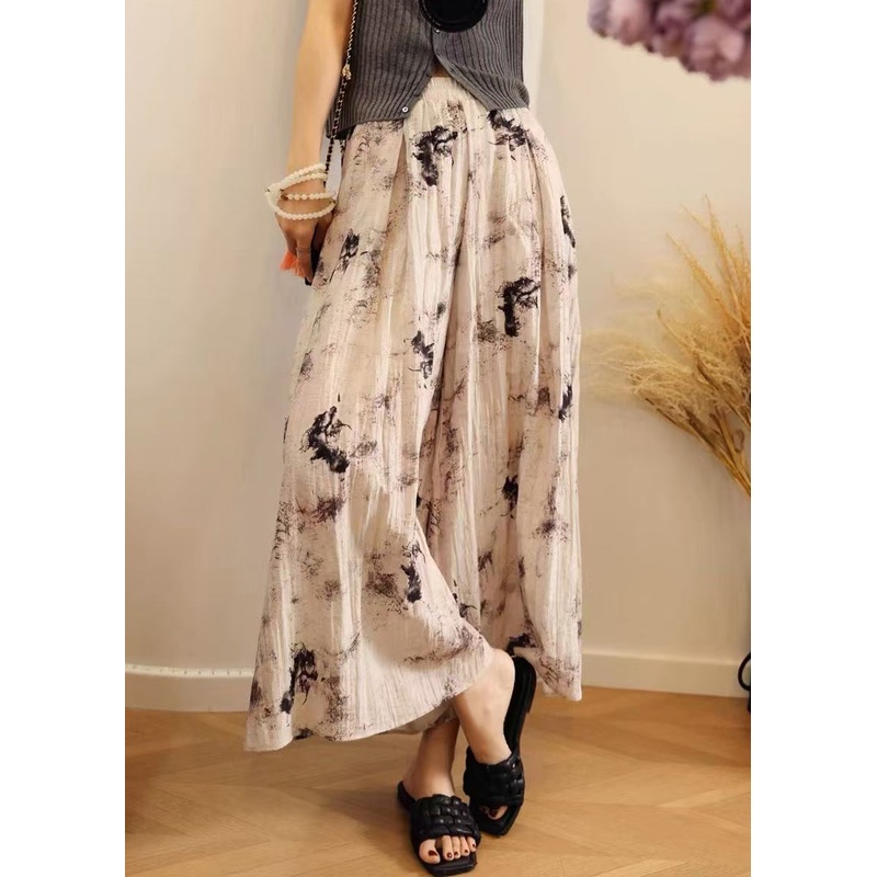 Loose Print Pockets Elastic Waist Cotton Wide Leg Pants Summer