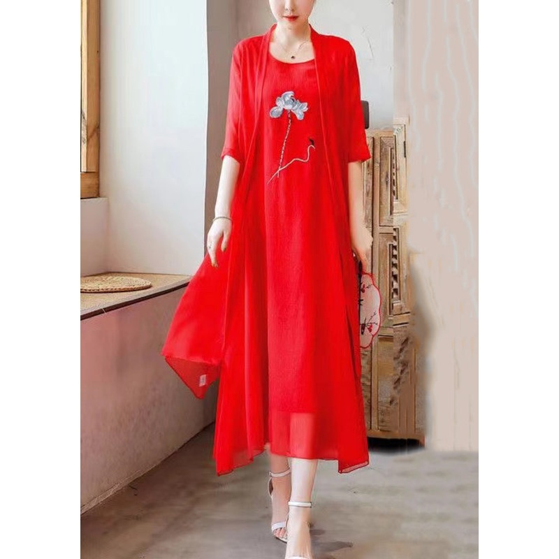 Loose Red O Neck Embroidered Solid Chiffon Two Pieces Set Half Sleeve