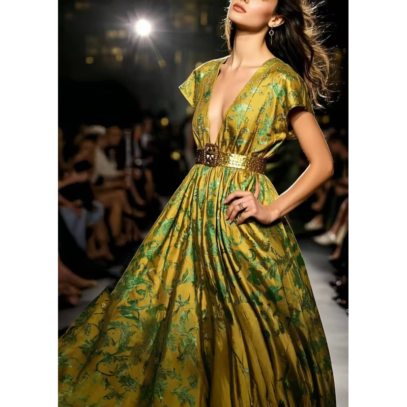 Modern Fluorescent Green Jacquard Exra Large Hem Silk Vestidos Dress