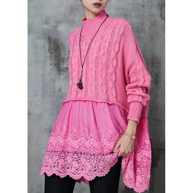 Modern Pink Oversized Patchwork Knit Long Sweater Spring