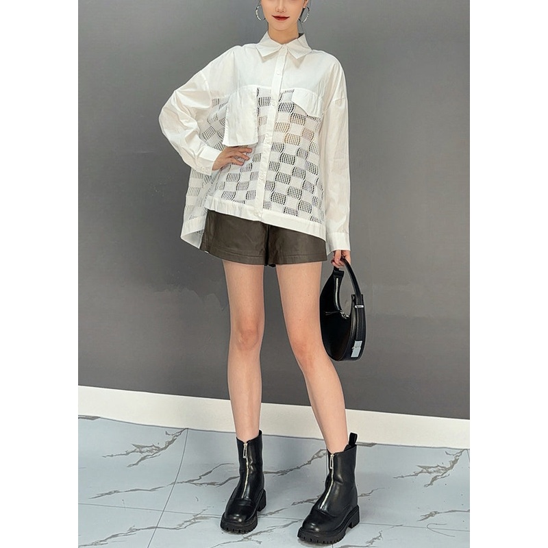Modern White Peter Pan Collar Patchwork Hollow Out Shirts Spring