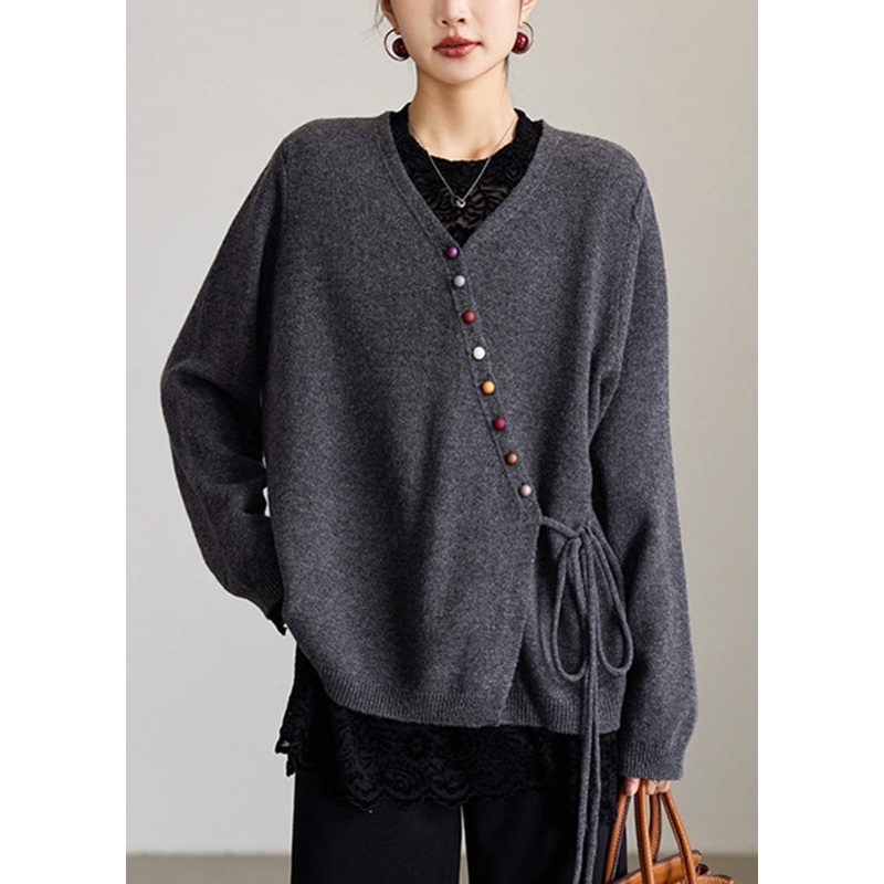 Natural Grey V Neck Wool Knit Cardigans Spring