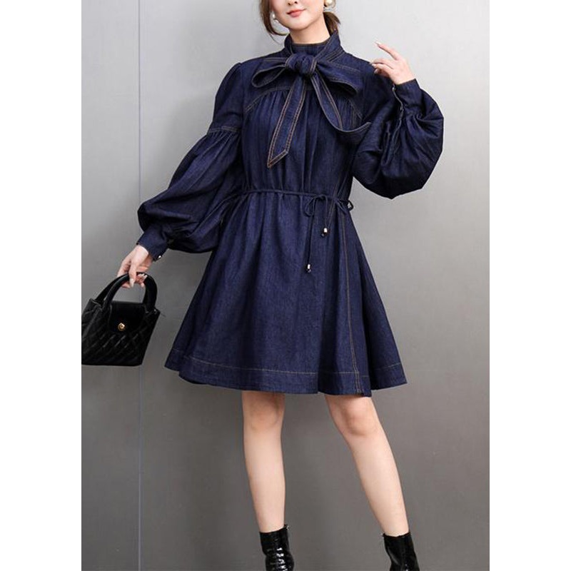 Natural Navy Bow Patchwork Denim Mid Dress Lantern Sleeve