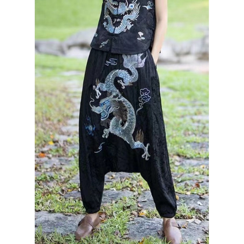 New Black Ethnic Style Embroidered Big Crotch Lantern Pants Spring