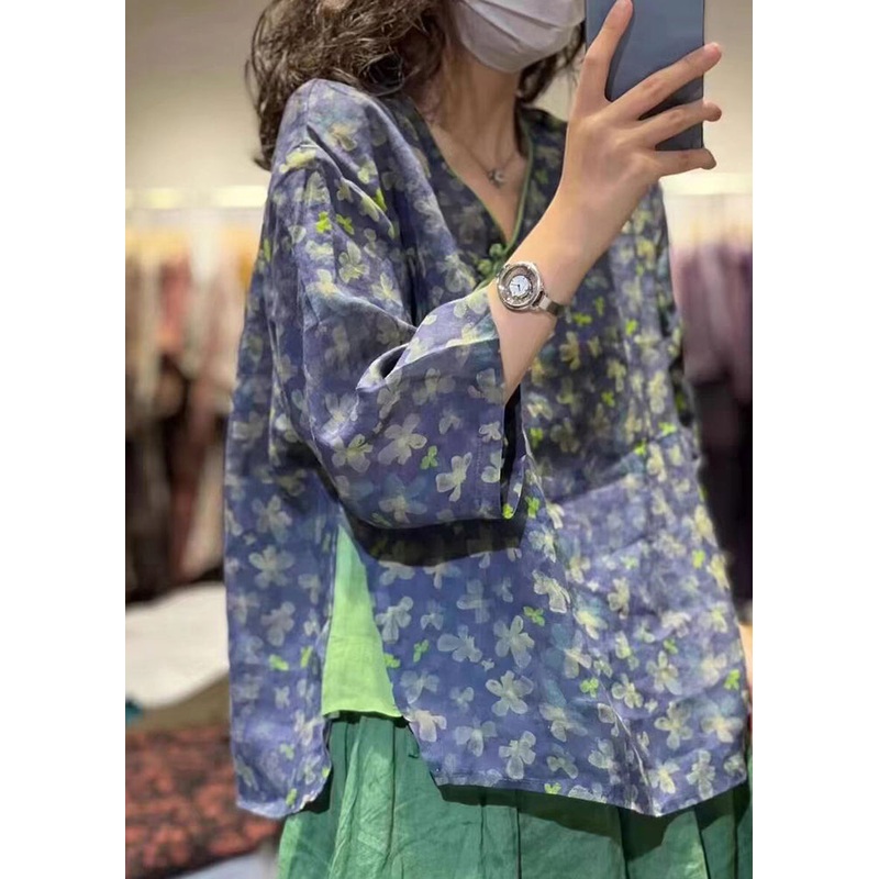 New Blue V Neck Print Cotton Shirt Bracelet Sleeve