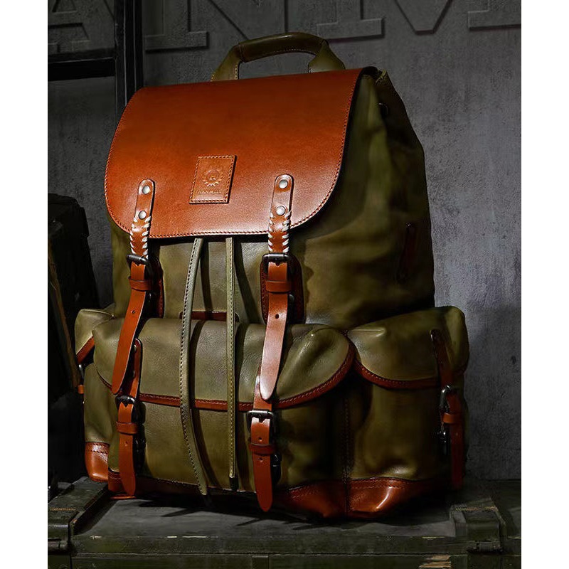 New Casual Army Green Cowhide Large Capacity Travel Backpack