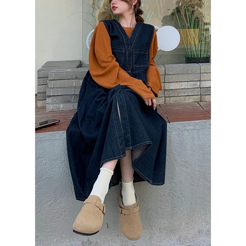 New Navy Button Tops And Waistcoat Dress Denim Two Pieces Set Spring