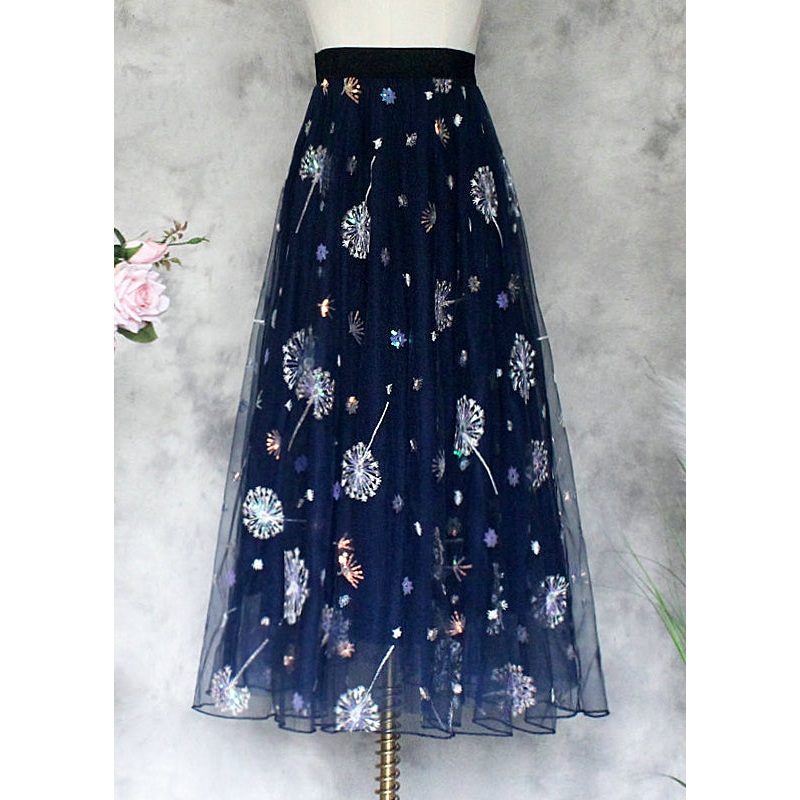 New Navy Embroidered Sequins High Waist Tulle Skirts Summer