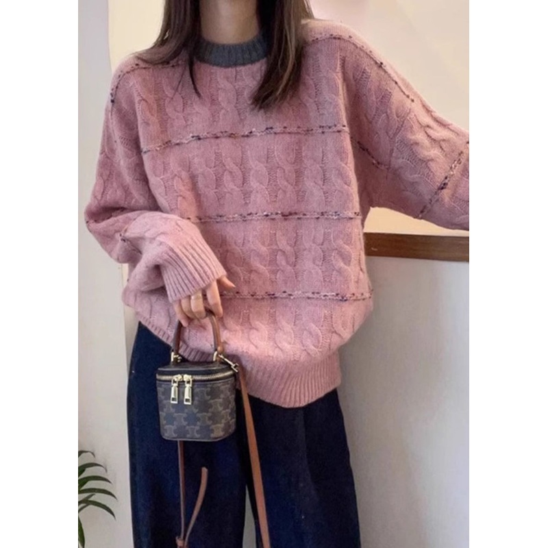 New Pink O Neck Cozy Patchwork Knit Sweaters Fall