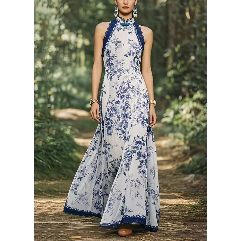 New Retro Cold Shoulder Print Chiffon Party Dress Summer