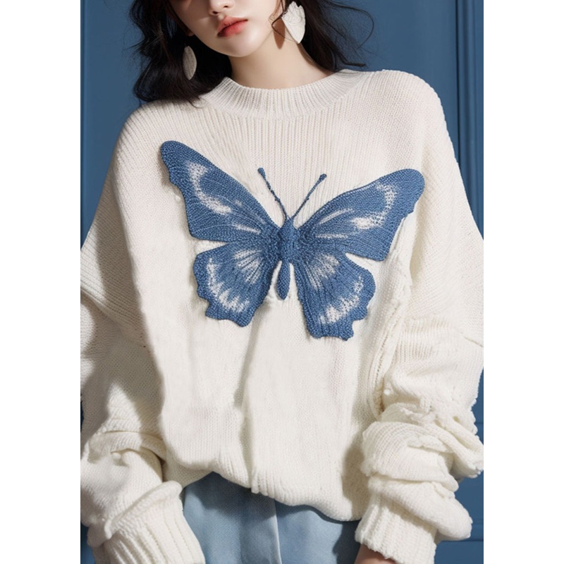 New White O Neck Butterfly Cozy Knit Sweater Fall