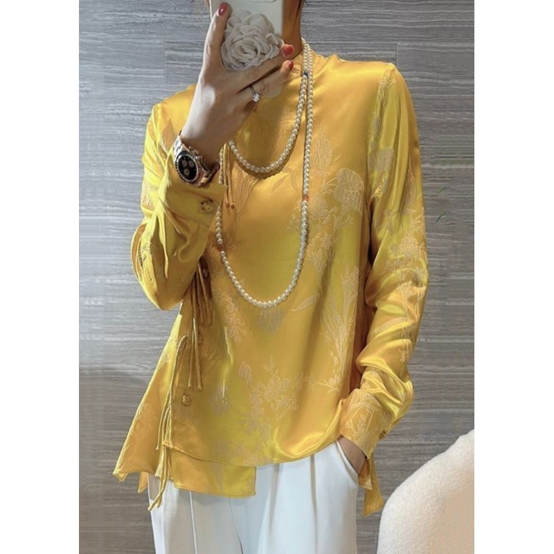 New Yellow Chinese Button Print Silk Blouses Spring