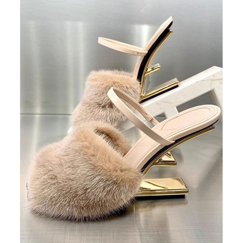 Novelty Sexy Apricot Mink Hair Slide Sandals Alien Heel