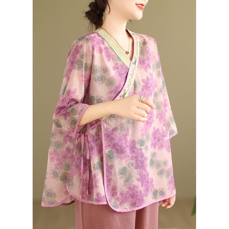 Pink Tie Waist Patchwork Shirt Summer