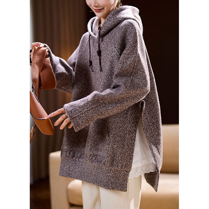 Plus Size Coffee Hooded Side Open Cotton Sweatshirts Spring