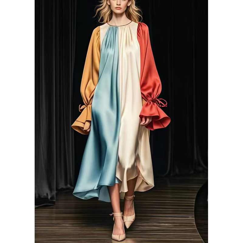 Plus Size Colorblock Oversized Patchwork Silk Long Dress Flare Sleeve