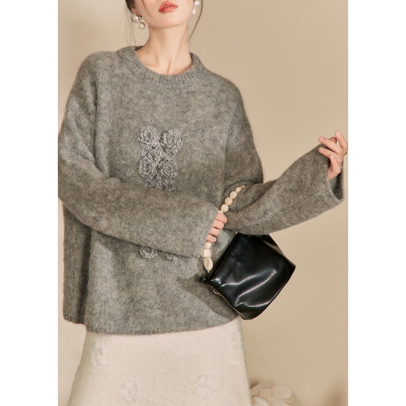 Plus Size Yellow O-Neck Floral Thick Cotton Knit Sweater Winter