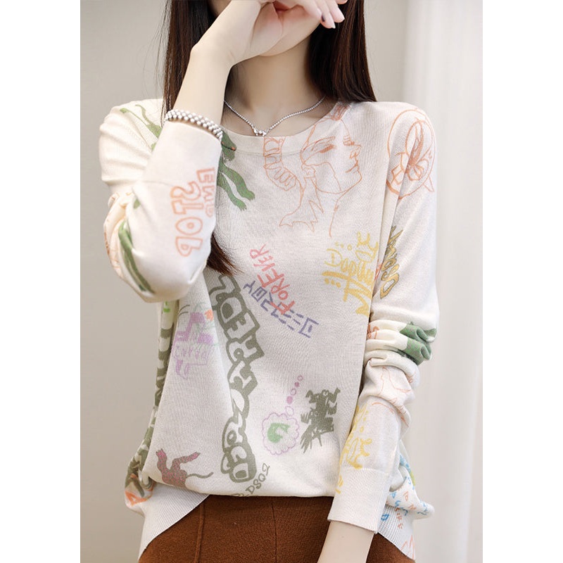 Portrait Print Silk Cotton T Shirt O Neck Long Sleeve