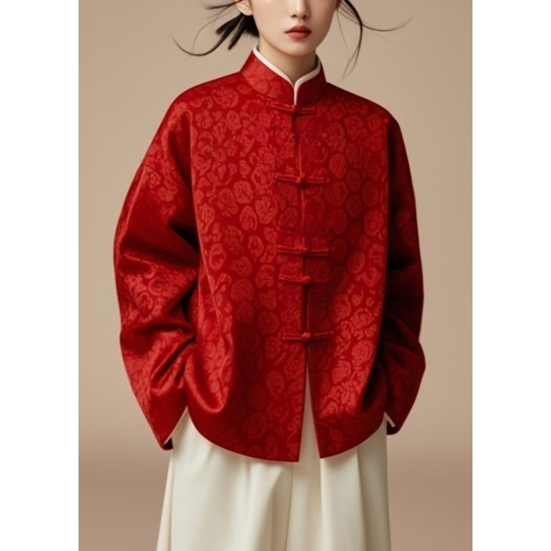 Red Button Print Silk Coat Stand Collar Fall