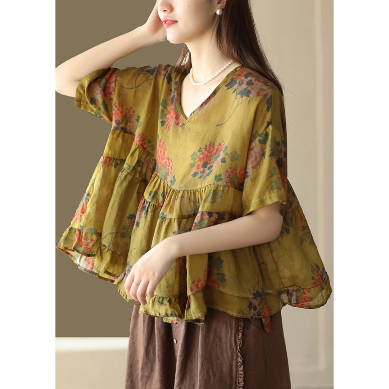 Retro Yellow V Neck Print Patchwork Linen Blouse Top Summer