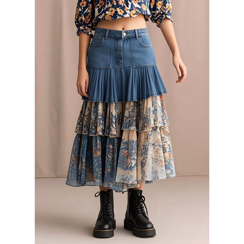 Silm Fit Navy Layered Ruffled Patchwork Print Denim Skirts Spring