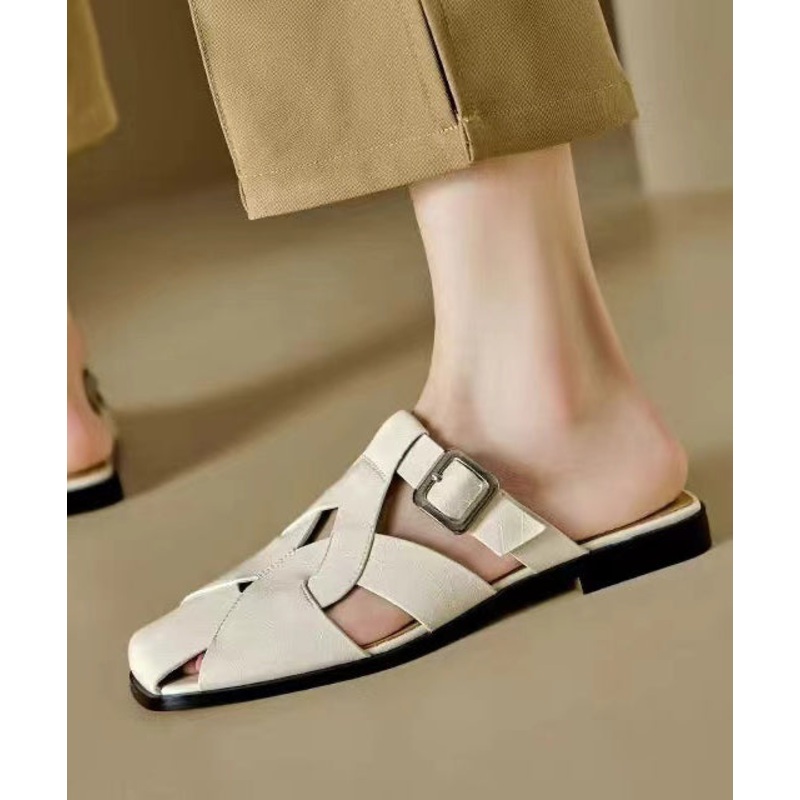 Simple Splicing Hollow Out Beige Cowhide Leather Slide Sandals