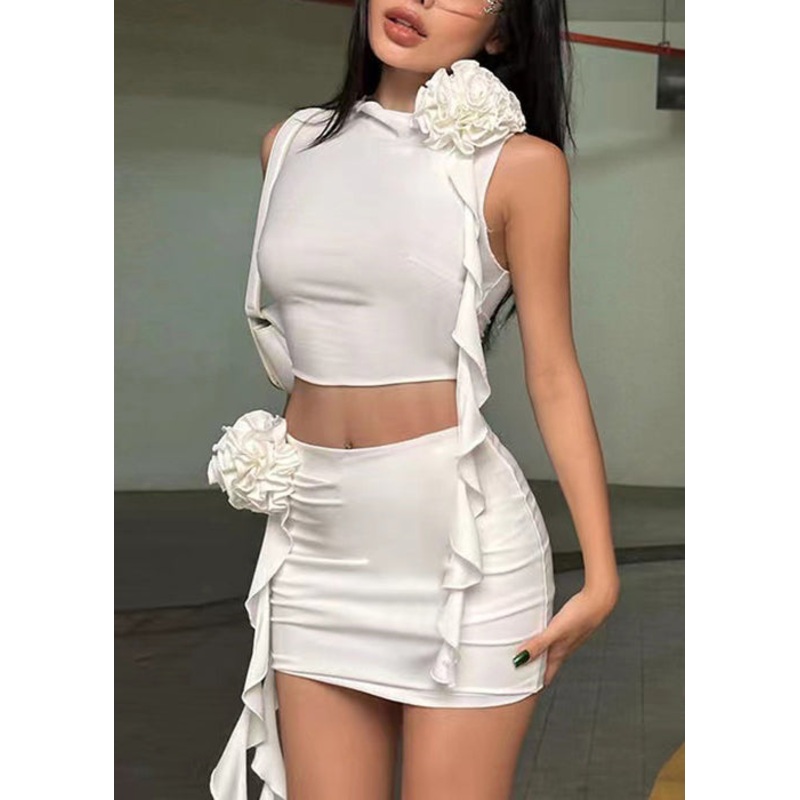 Slim Fit White Solid Floral Cotton Two Pieces Set Sleeveless