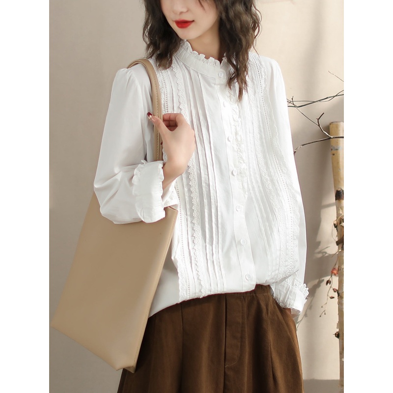 Spring Minimalist Lace Ruffle Cotton Casual Blouse
