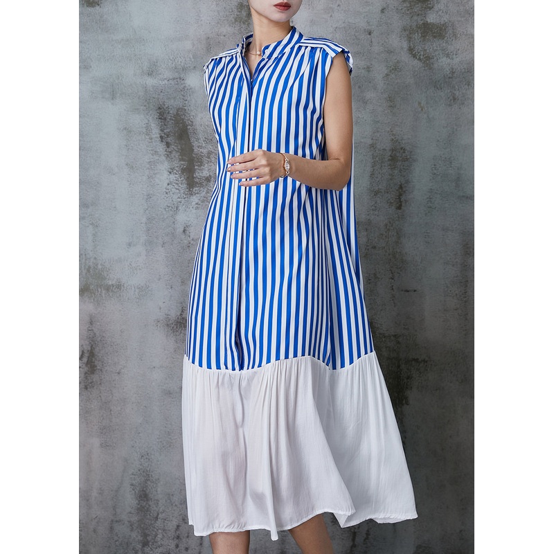 Style Blue Striped Patchwork Cotton Dress Sleeveless