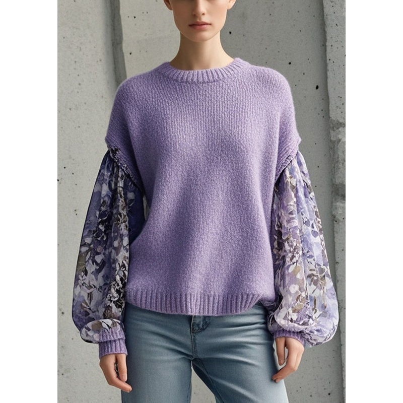 Style Lavender Oversized Patchwork Print Knit Top Fall