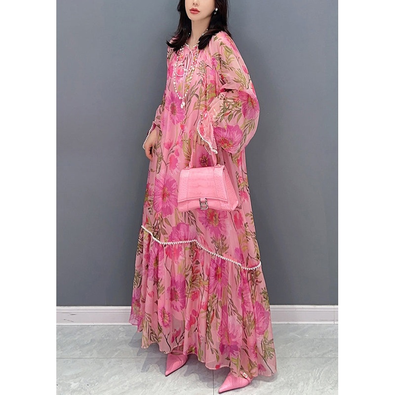 Style Pink Print Patchwork Chiffon Dress Long Sleeve