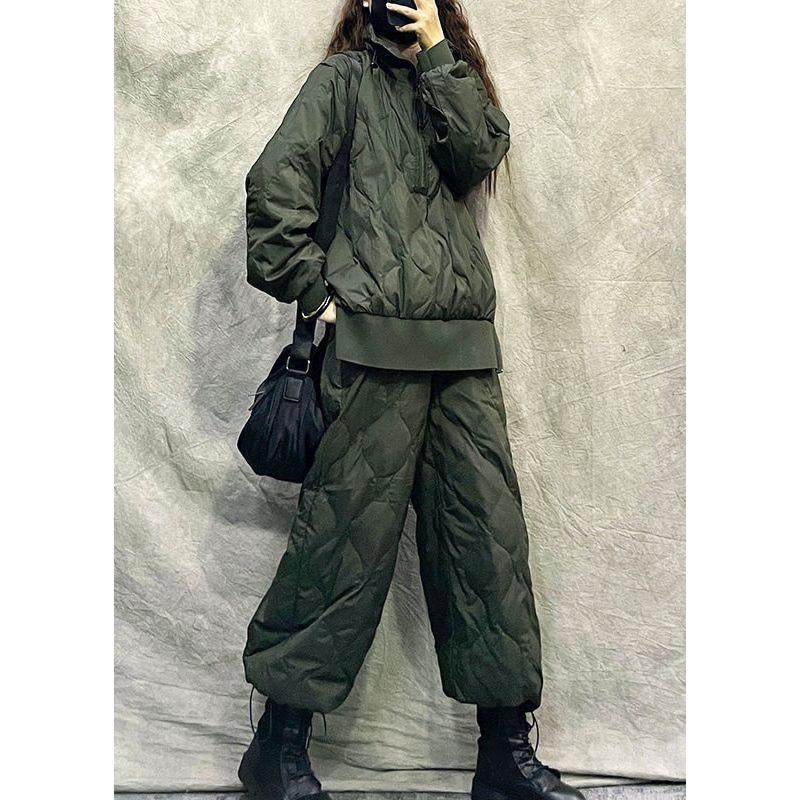 Stylish Army Green Fine Cotton Filled Two Piece Set Outfits Winter