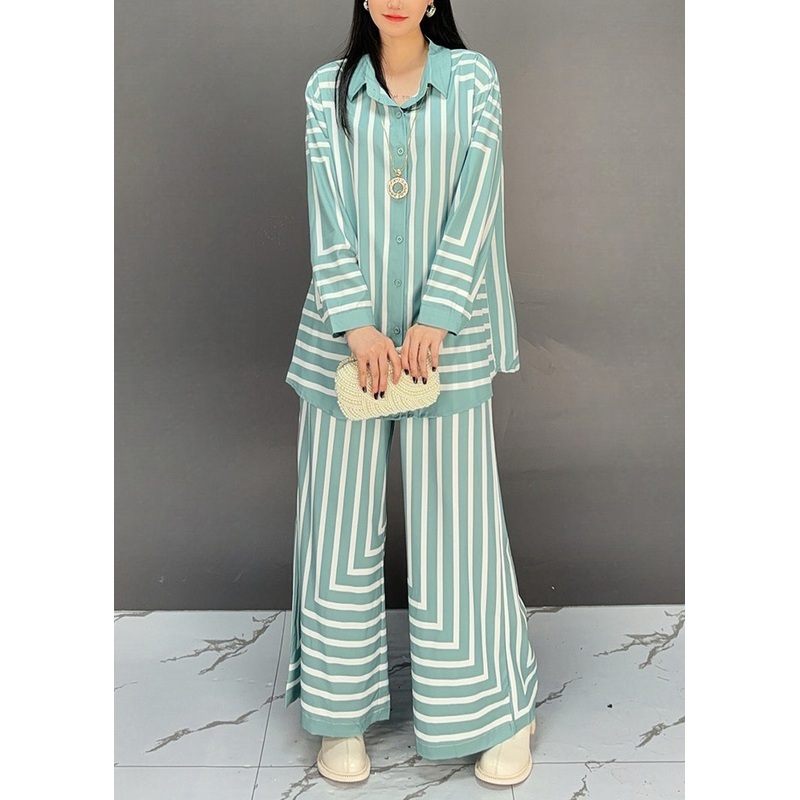 Stylish Blue Peter Pan Collar Striped Cotton Two Pieces Set Fall