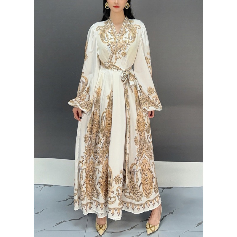 Stylish White V Neck Print Lace Up Long Dresses Fall