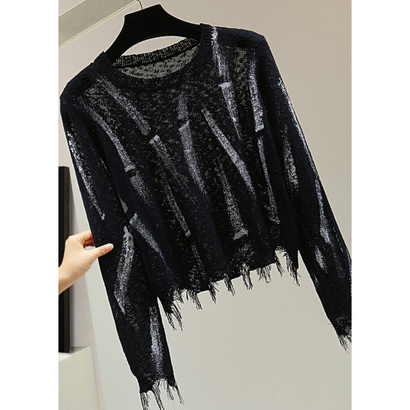 Unique Black O-Neck Striped Hole Cotton Knit Sweaters Spring