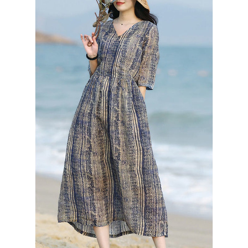 Unique Blue V Neck Print Pockets Cotton Long Dresses Summer