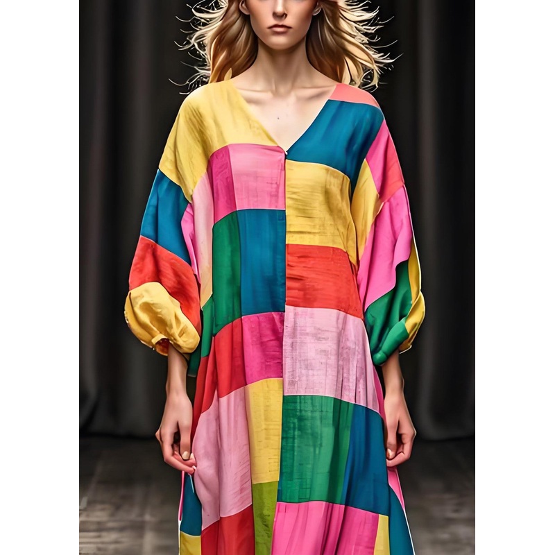 Unique Colorblock V Neck Patchwork Cotton Dress Lantern Sleeve