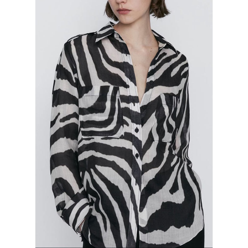 Unique Zebra Color Peter Pan Collar Pockets Shirt Spring