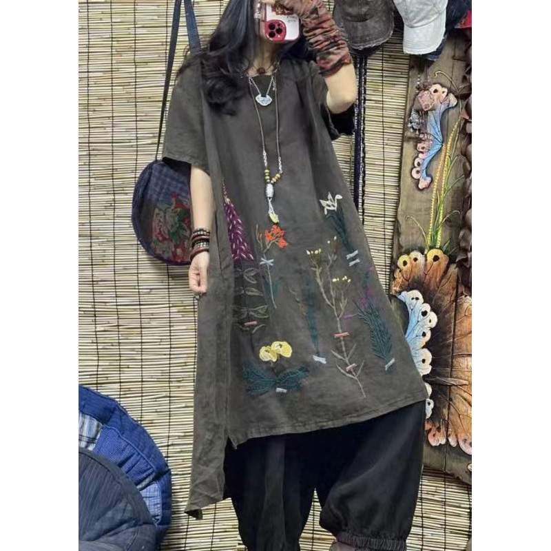 Vintage Black Embroidered Low High Design Cotton Dress Summer