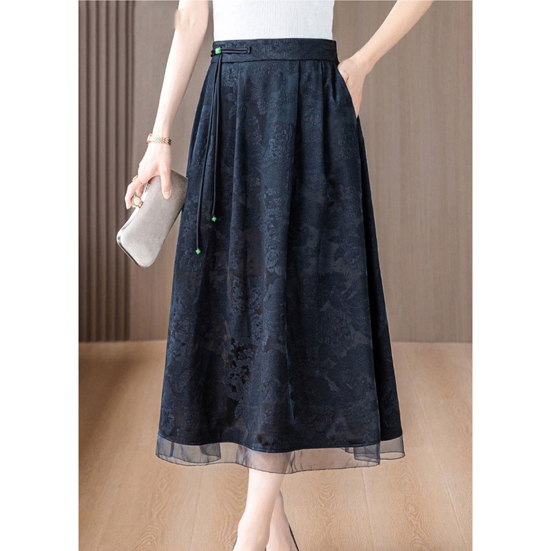 Vintage Black Tasseled Print Silk Skirts Summer
