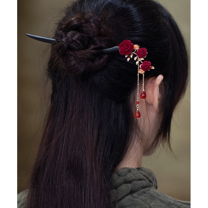 Vintage Black Xylogen Gem Stone Rose Tassel Hairpin