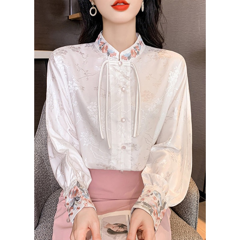 Vintage White Stand Collar Embroidered Silk Shirts Long Sleeve