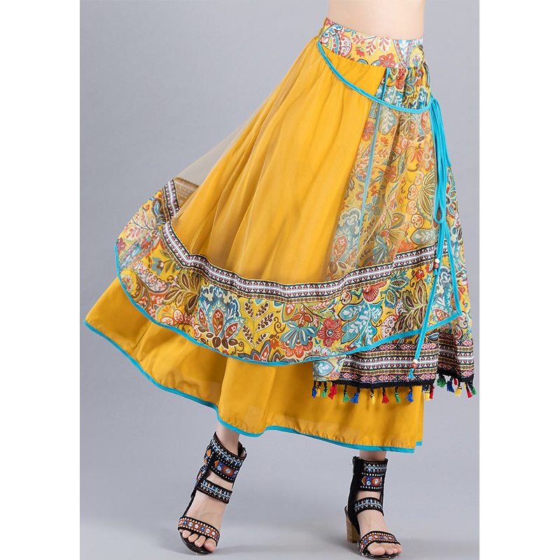 Vintage Yellow Print Lace Up Tulle Patchwork Skirt Summer